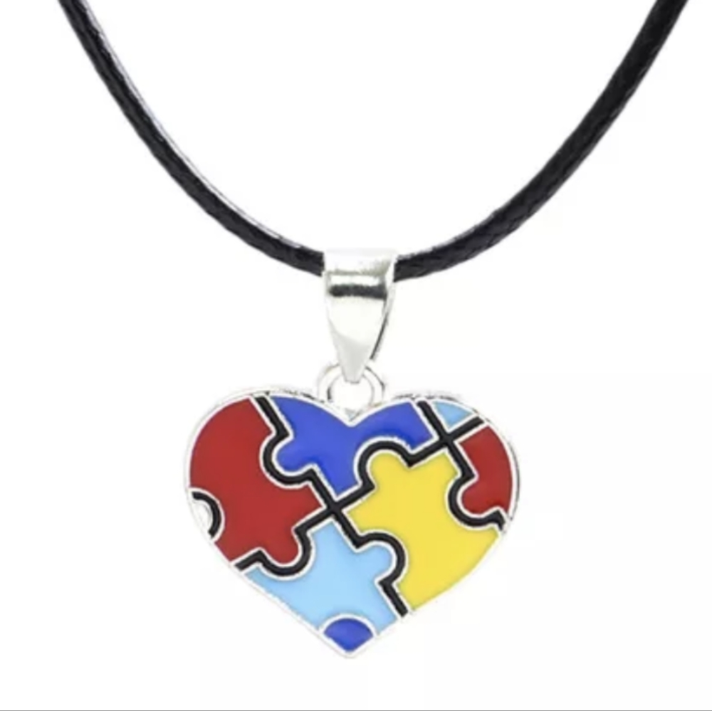New Autism Awareness Necklace Heart Puzzle Piece Charm on Black Necklace Cord